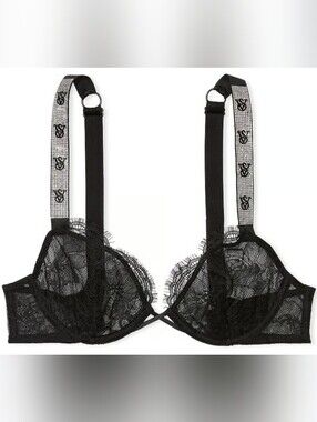 40C 38DD VS Fabulous Unlined Shine Strap Rose Lace Full Cup Bra Black
